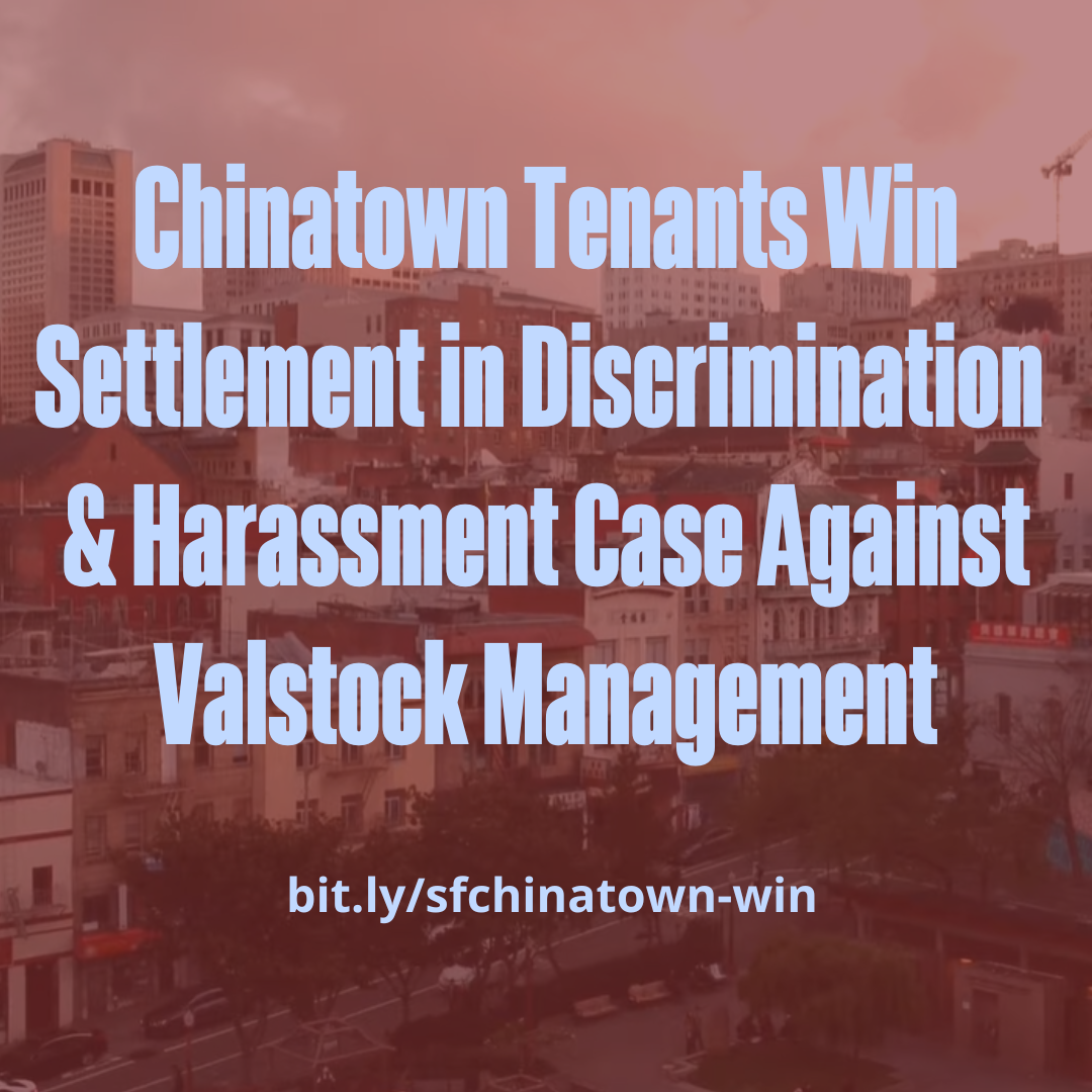 Red background with Chinatown skyline, text reads: Chinatown Tenants Win Settlement in Discrimination & Harassment Case Against Valstock Management