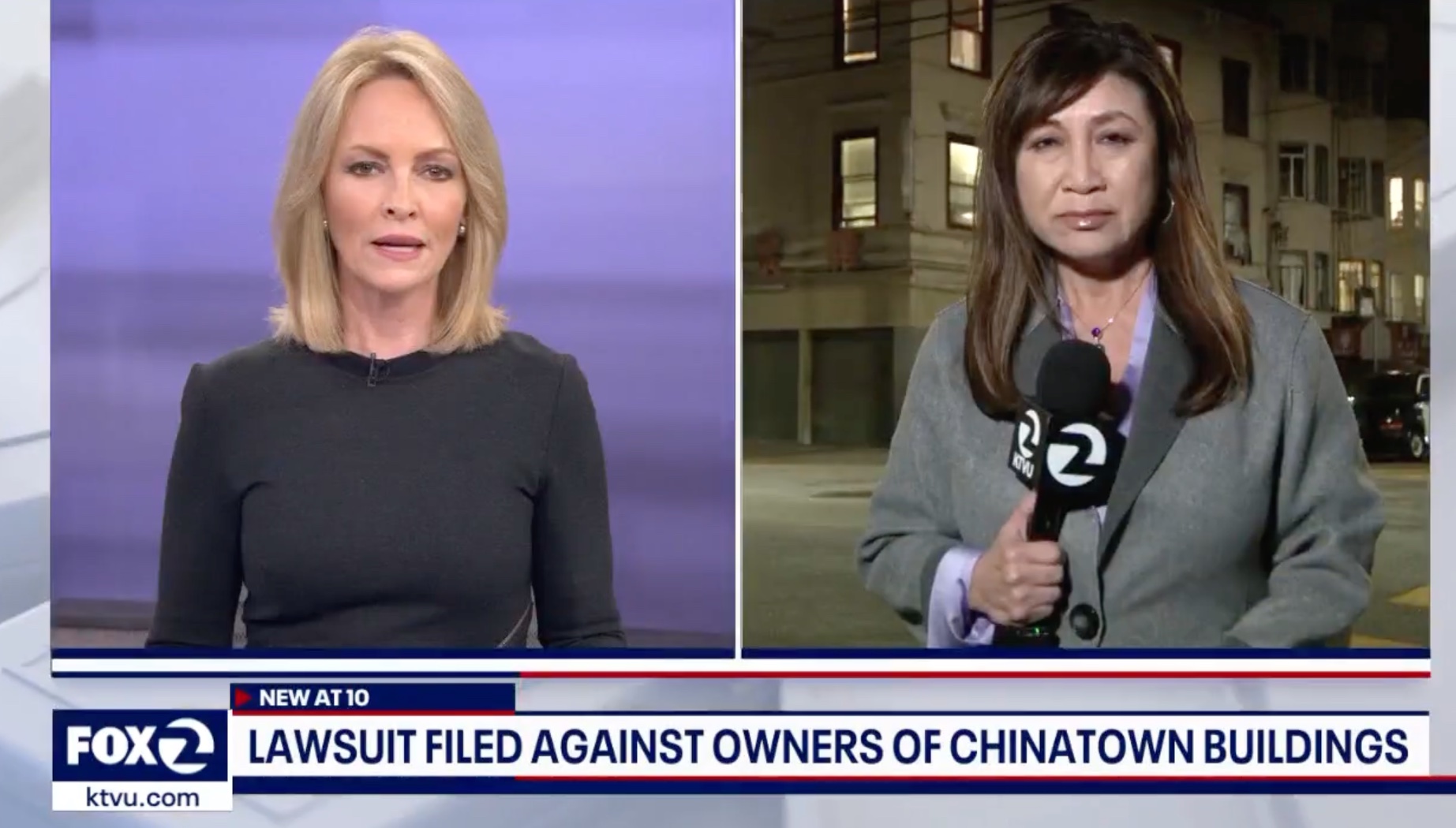 Screenshot of a KTUV story titled "Lawsuit filed against owners of Chinatown buildings"